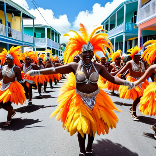 Home 23 **
A vibrant street scene during Sugar Mas carnival in Basseterre, St. Kitts. Focus on the colorful costumes with sequins and feathers, steel bands playing Caribbean rhythms, and joyful crowds dancing. Capture the energy and excitement of the celebration.
**