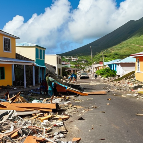 Home 21 **
"A vibrant Caribbean coastal village in St. Kitts and Nevis, heavily damaged after a hurricane. Houses are missing roofs, palm trees are bent and broken, and debris litters the streets. People are helping each other clear debris and begin rebuilding, showcasing community spirit. Focus on the resilience and determination in their faces. Strong sunlight after the storm, emphasizing the vibrant colors of the Caribbean."
**