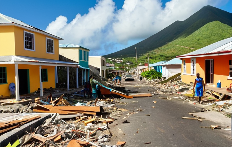 **

"A vibrant Caribbean coastal village in St. Kitts and Nevis, heavily damaged after a hurricane. Houses are missing roofs, palm trees are bent and broken, and debris litters the streets. People are helping each other clear debris and begin rebuilding, showcasing community spirit. Focus on the resilience and determination in their faces. Strong sunlight after the storm, emphasizing the vibrant colors of the Caribbean."

**