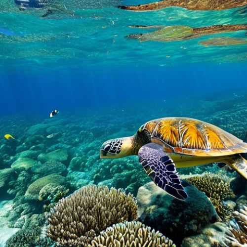 Home 9 **
"A vibrant coral reef teeming with colorful fish, a gentle sea turtle swimming by. Crystal-clear water in St. Kitts and Nevis. Fully clothed snorkelers observing from a distance. Safe for work, appropriate content, professional underwater photography, perfect anatomy, natural proportions, modest swimwear."
**