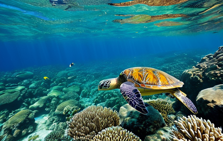 **

"A vibrant coral reef teeming with colorful fish, a gentle sea turtle swimming by. Crystal-clear water in St. Kitts and Nevis. Fully clothed snorkelers observing from a distance. Safe for work, appropriate content, professional underwater photography, perfect anatomy, natural proportions, modest swimwear."

**