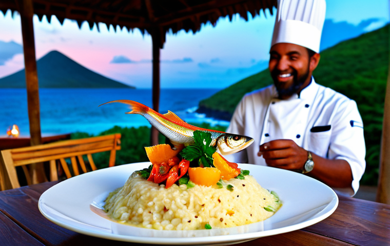 세인트키츠 네비스 유럽 이민자 영향 - Image Prompt 1: Culinary Fusion in a Caribbean Sunset**