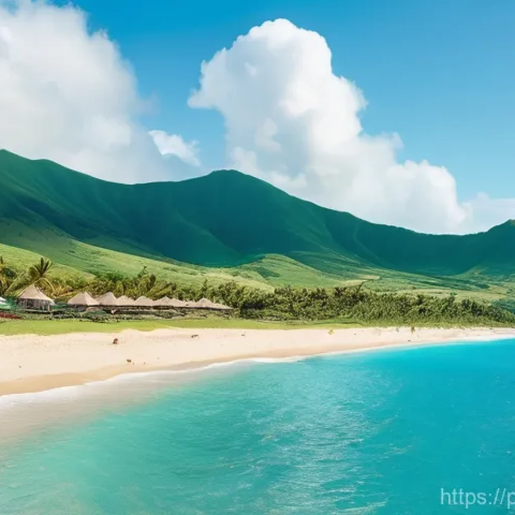 세인트키츠 네비스 항공권 가격 - **Prompt:** "A vibrant, panoramic view of Frigate Bay, Saint Kitts, on a sunny day. The scene featur...