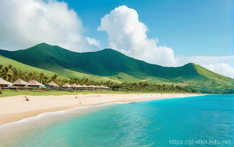 세인트키츠 네비스 항공권 가격 - **Prompt:** "A vibrant, panoramic view of Frigate Bay, Saint Kitts, on a sunny day. The scene featur...