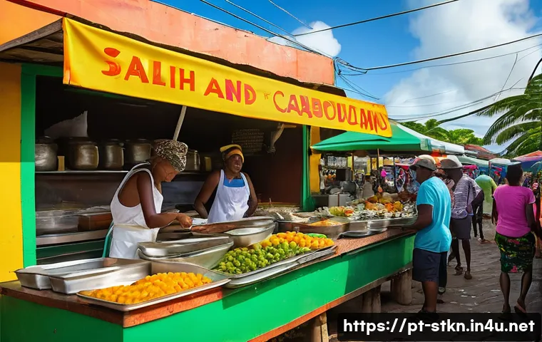 세인트키츠 네비스 금기 사항 - Vibrant Caribbean Street Food Market**
Prompt: "A lively and colorful street food market scene in St...