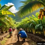 Home 20 세인트키츠 네비스 주요 수출품 - A vibrant tropical farm scene in Saint Kitts and Nevis showcasing small-scale organic farmers harves...