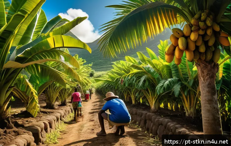세인트키츠 네비스 주요 수출품 - A vibrant tropical farm scene in Saint Kitts and Nevis showcasing small-scale organic farmers harves...