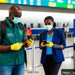 Home 19 세인트키츠 네비스 관광 제한 정책 - A busy airport immigration area in Saint Kitts and Nevis, featuring travelers presenting digital hea...