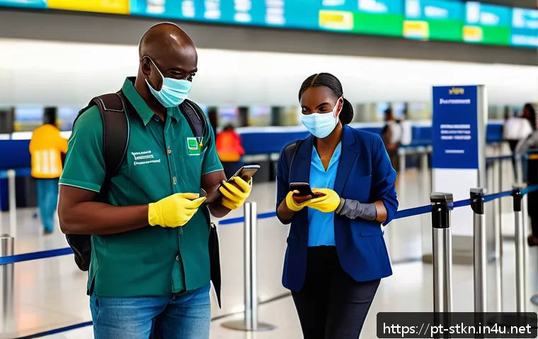 세인트키츠 네비스 관광 제한 정책 - A busy airport immigration area in Saint Kitts and Nevis, featuring travelers presenting digital hea...