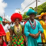 Home 18 세인트키츠 네비스 전통 의상 - A vibrant street scene during the National Carnival of Saint Kitts and Nevis, showcasing local men a...