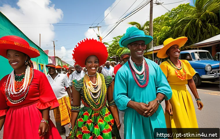 세인트키츠 네비스 전통 의상 - A vibrant street scene during the National Carnival of Saint Kitts and Nevis, showcasing local men a...