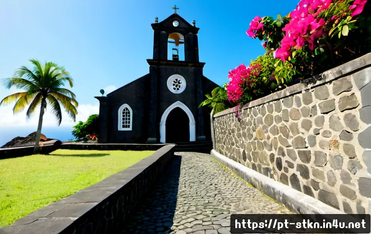Home 17 세인트키츠 네비스 역사적인 교회 - Photorealistic wide-angle view of a historic stone Anglican church in Basseterre, Saint Kitts, with ...