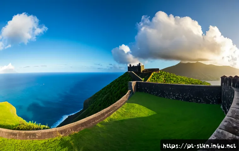 Home 17 세인트키츠 네비스 관광 명소 - Photorealistic panoramic view of Brimstone Hill Fortress on Saint Kitts, historic dark stone rampart...