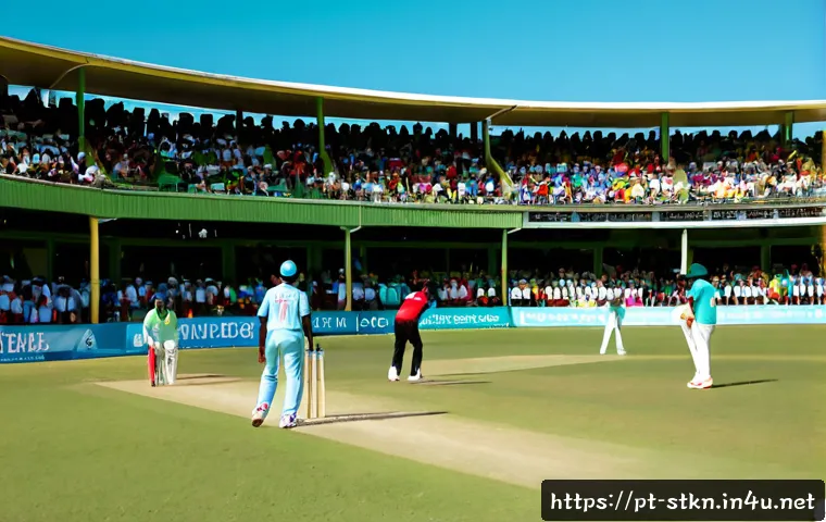 세인트키츠 네비스 크리켓 인기 - Photorealistic wide-angle view of a lively cricket match in Saint Kitts and Nevis, local players in ...